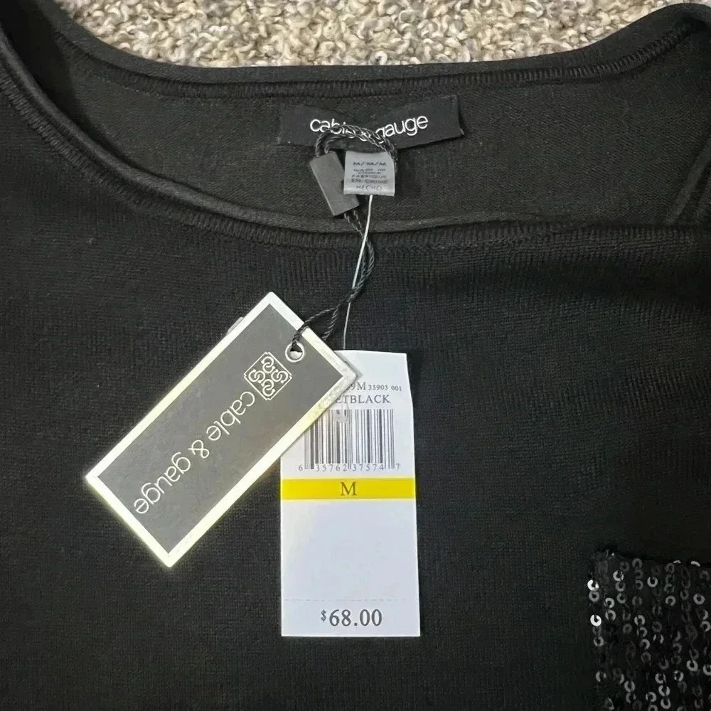 CABLE & GAUGE BLACK TUNIC  SWEATER LONG‎ SLEEVES SPARKLE POCKET SIZE MEDIUM NWT - Picture 5 of 9